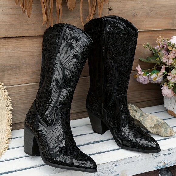 Gorgeous Black Sequin Cowboy Cowgirl Western Boots Stampede Festival - Picture 1 of 4